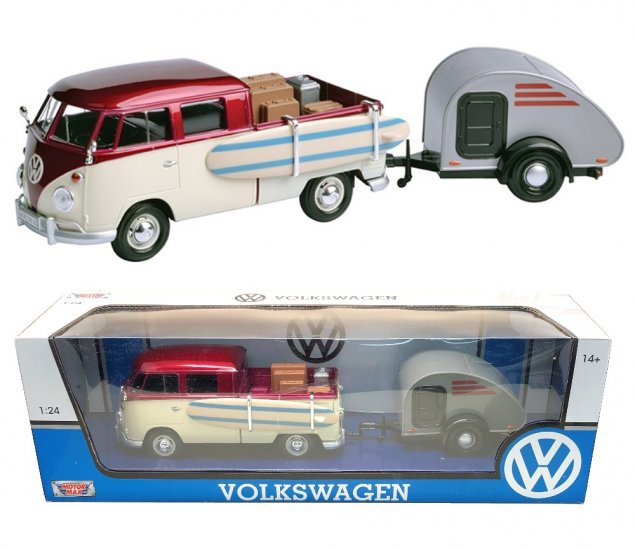 1:24 Volkswagen Type 2 (T1) - Surf Pick up and Tear Drop Trailer (White with Dark Red) MM79673ST
