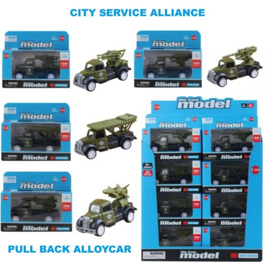 3.5\" Diecast Military Truck in Hangsell Window Box, 6 Style Mixed in CDU WGT2449-24